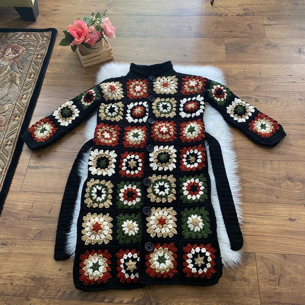 Crochet Granny Square Long Sweater Cardigan